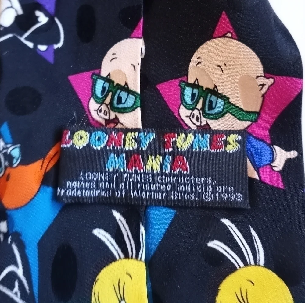 Vintage 90's Necktie Looney Tunes Mania Bugs Bunny Eyeglasses Cartoon Si…